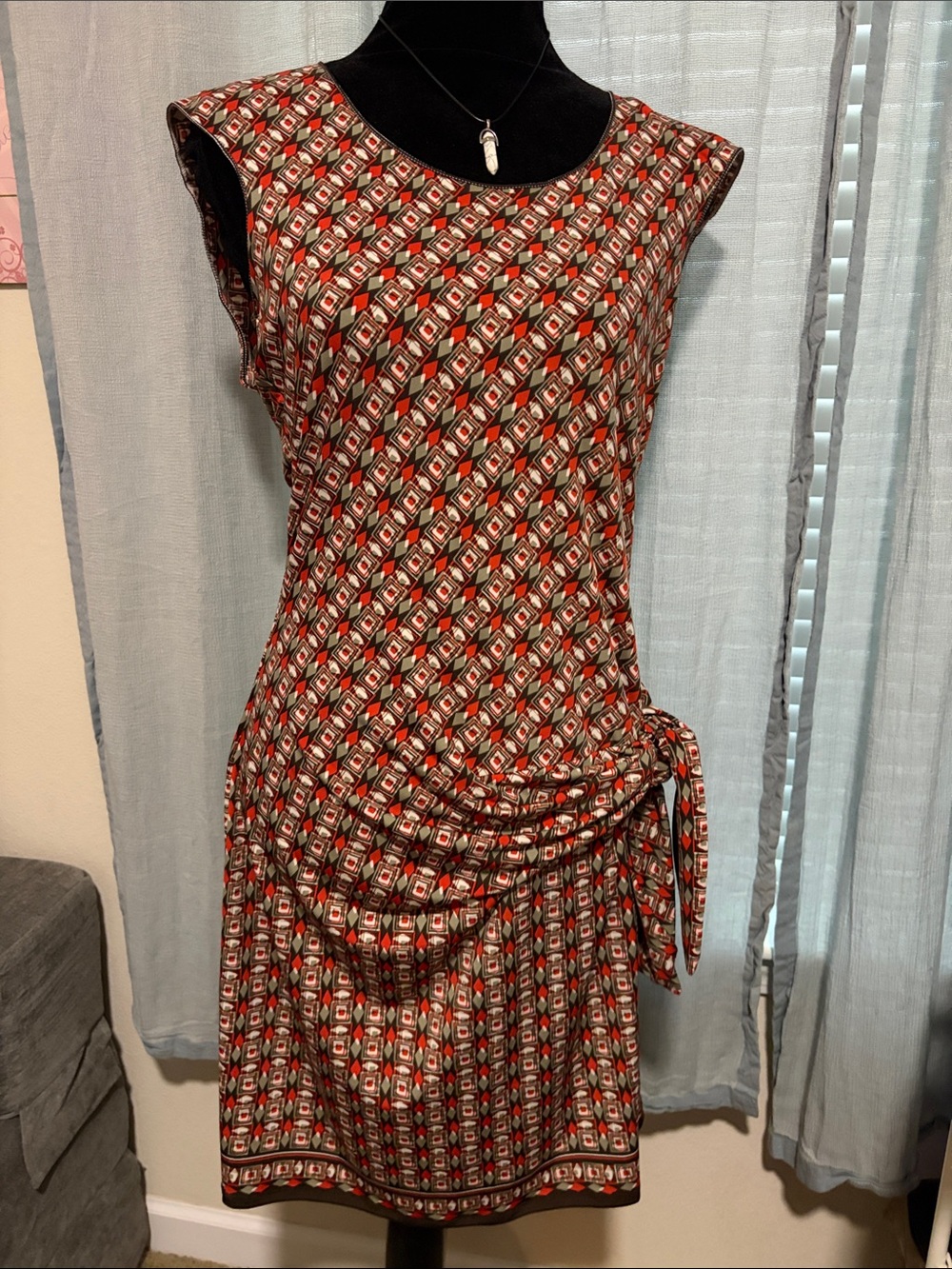 Max Studio Red and Brown Geo-Print Tie-Side Dress